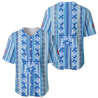 Tunisian Mosaic Pattern Baseball Jersey with Blue Stripes and Traditional Tile Design