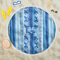 Tunisian Mosaic Pattern Beach Blanket with Blue Stripes and Traditional Tile Design