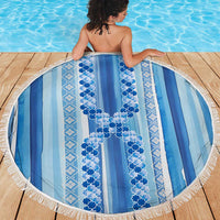 Tunisian Mosaic Pattern Beach Blanket with Blue Stripes and Traditional Tile Design