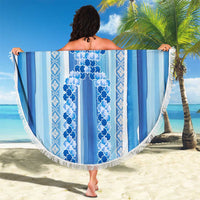 Tunisian Mosaic Pattern Beach Blanket with Blue Stripes and Traditional Tile Design