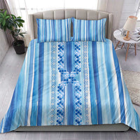 Tunisian Mosaic Pattern Bedding Set with Blue Stripes and Traditional Tile Design