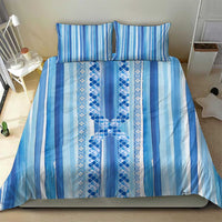 Tunisian Mosaic Pattern Bedding Set with Blue Stripes and Traditional Tile Design