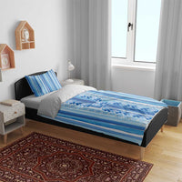 Tunisian Mosaic Pattern Bedding Set with Blue Stripes and Traditional Tile Design