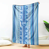 Tunisian Mosaic Pattern Blanket with Blue Stripes and Traditional Tile Design