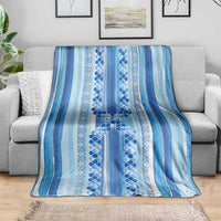 Tunisian Mosaic Pattern Blanket with Blue Stripes and Traditional Tile Design