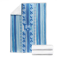 Tunisian Mosaic Pattern Blanket with Blue Stripes and Traditional Tile Design