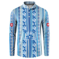 Tunisian Mosaic Pattern Button Sweatshirt with Blue Stripes and Traditional Tile Design