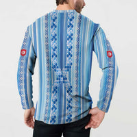 Tunisian Mosaic Pattern Button Sweatshirt with Blue Stripes and Traditional Tile Design