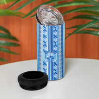 Tunisian Mosaic Pattern 4 in 1 Can Cooler Tumbler with Blue Stripes and Traditional Tile Design