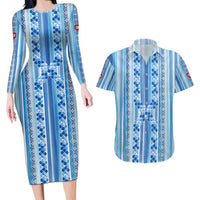 Tunisian Mosaic Pattern Couples Matching Long Sleeve Bodycon Dress and Hawaiian Shirt with Blue Stripes and Traditional Tile Design