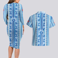 Tunisian Mosaic Pattern Couples Matching Long Sleeve Bodycon Dress and Hawaiian Shirt with Blue Stripes and Traditional Tile Design