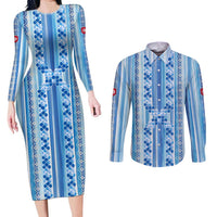 Tunisian Mosaic Pattern Couples Matching Long Sleeve Bodycon Dress and Long Sleeve Button Shirt with Blue Stripes and Traditional Tile Design