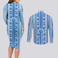 Tunisian Mosaic Pattern Couples Matching Long Sleeve Bodycon Dress and Long Sleeve Button Shirt with Blue Stripes and Traditional Tile Design