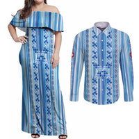 Tunisian Mosaic Pattern Couples Matching Off Shoulder Maxi Dress and Long Sleeve Button Shirt with Blue Stripes and Traditional Tile Design