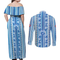 Tunisian Mosaic Pattern Couples Matching Off Shoulder Maxi Dress and Long Sleeve Button Shirt with Blue Stripes and Traditional Tile Design