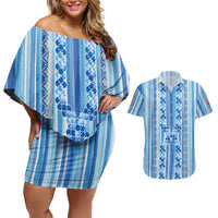 Tunisian Mosaic Pattern Couples Matching Off Shoulder Short Dress and Hawaiian Shirt with Blue Stripes and Traditional Tile Design
