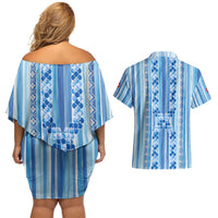 Tunisian Mosaic Pattern Couples Matching Off Shoulder Short Dress and Hawaiian Shirt with Blue Stripes and Traditional Tile Design