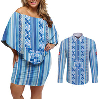 Tunisian Mosaic Pattern Couples Matching Off Shoulder Short Dress and Long Sleeve Button Shirt with Blue Stripes and Traditional Tile Design