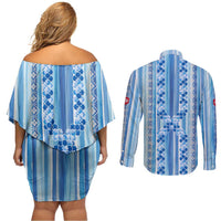 Tunisian Mosaic Pattern Couples Matching Off Shoulder Short Dress and Long Sleeve Button Shirt with Blue Stripes and Traditional Tile Design