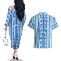 Tunisian Mosaic Pattern Couples Matching Off The Shoulder Long Sleeve Dress and Hawaiian Shirt with Blue Stripes and Traditional Tile Design