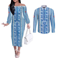 Tunisian Mosaic Pattern Couples Matching Off The Shoulder Long Sleeve Dress and Long Sleeve Button Shirt with Blue Stripes and Traditional Tile Design