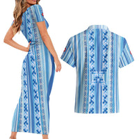 Tunisian Mosaic Pattern Couples Matching Short Sleeve Bodycon Dress and Hawaiian Shirt with Blue Stripes and Traditional Tile Design