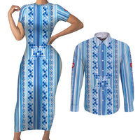 Tunisian Mosaic Pattern Couples Matching Short Sleeve Bodycon Dress and Long Sleeve Button Shirt with Blue Stripes and Traditional Tile Design