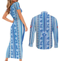 Tunisian Mosaic Pattern Couples Matching Short Sleeve Bodycon Dress and Long Sleeve Button Shirt with Blue Stripes and Traditional Tile Design