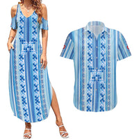 Tunisian Mosaic Pattern Couples Matching Summer Maxi Dress and Hawaiian Shirt with Blue Stripes and Traditional Tile Design
