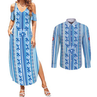 Tunisian Mosaic Pattern Couples Matching Summer Maxi Dress and Long Sleeve Button Shirt with Blue Stripes and Traditional Tile Design