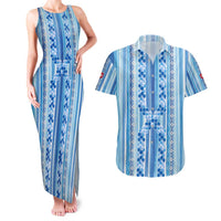 Tunisian Mosaic Pattern Couples Matching Tank Maxi Dress and Hawaiian Shirt with Blue Stripes and Traditional Tile Design