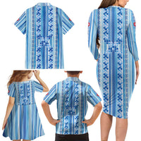Tunisian Mosaic Pattern Family Matching Long Sleeve Bodycon Dress and Hawaiian Shirt with Blue Stripes and Traditional Tile Design