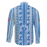 Tunisian Mosaic Pattern Family Matching Long Sleeve Bodycon Dress and Hawaiian Shirt with Blue Stripes and Traditional Tile Design