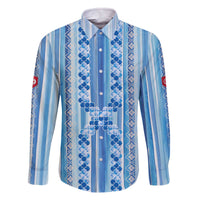 Tunisian Mosaic Pattern Family Matching Off The Shoulder Long Sleeve Dress and Hawaiian Shirt with Blue Stripes and Traditional Tile Design