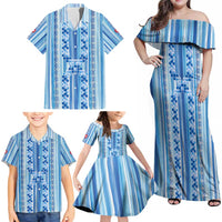 Tunisian Mosaic Pattern Family Matching Off Shoulder Maxi Dress and Hawaiian Shirt with Blue Stripes and Traditional Tile Design