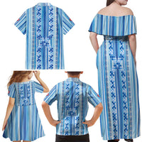 Tunisian Mosaic Pattern Family Matching Off Shoulder Maxi Dress and Hawaiian Shirt with Blue Stripes and Traditional Tile Design