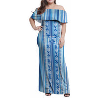 Tunisian Mosaic Pattern Family Matching Off Shoulder Maxi Dress and Hawaiian Shirt with Blue Stripes and Traditional Tile Design