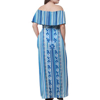 Tunisian Mosaic Pattern Family Matching Off Shoulder Maxi Dress and Hawaiian Shirt with Blue Stripes and Traditional Tile Design