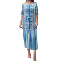 Tunisian Mosaic Pattern Family Matching Puletasi and Hawaiian Shirt with Blue Stripes and Traditional Tile Design