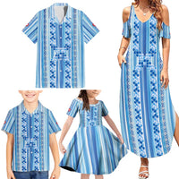 Tunisian Mosaic Pattern Family Matching Summer Maxi Dress and Hawaiian Shirt with Blue Stripes and Traditional Tile Design