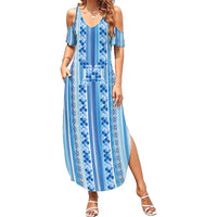 Tunisian Mosaic Pattern Family Matching Summer Maxi Dress and Hawaiian Shirt with Blue Stripes and Traditional Tile Design