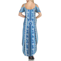 Tunisian Mosaic Pattern Family Matching Summer Maxi Dress and Hawaiian Shirt with Blue Stripes and Traditional Tile Design