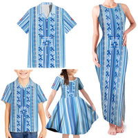 Tunisian Mosaic Pattern Family Matching Tank Maxi Dress and Hawaiian Shirt with Blue Stripes and Traditional Tile Design