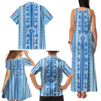 Tunisian Mosaic Pattern Family Matching Tank Maxi Dress and Hawaiian Shirt with Blue Stripes and Traditional Tile Design