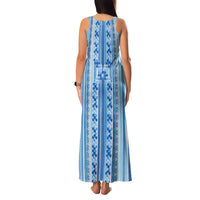 Tunisian Mosaic Pattern Family Matching Tank Maxi Dress and Hawaiian Shirt with Blue Stripes and Traditional Tile Design