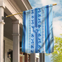 Tunisian Mosaic Pattern Garden Flag with Blue Stripes and Traditional Tile Design