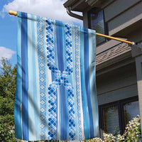 Tunisian Mosaic Pattern Garden Flag with Blue Stripes and Traditional Tile Design