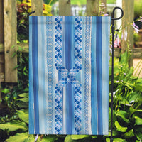 Tunisian Mosaic Pattern Garden Flag with Blue Stripes and Traditional Tile Design