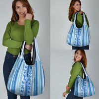 Tunisian Mosaic Pattern Grocery Bag with Blue Stripes and Traditional Tile Design