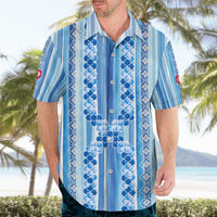 Tunisian Mosaic Pattern Hawaiian Shirt with Blue Stripes and Traditional Tile Design